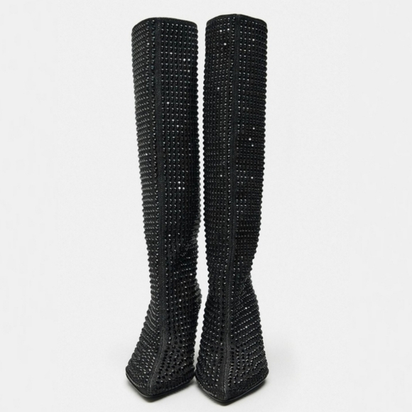 Zara NWT Pointed Toe Rhinestone heeled knee high boots - Picture 6 of 12